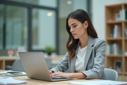 Femme consultant sa messagerie universitaire AC Strasbourg sur un ordinateur portable dans un bureau académique moderne