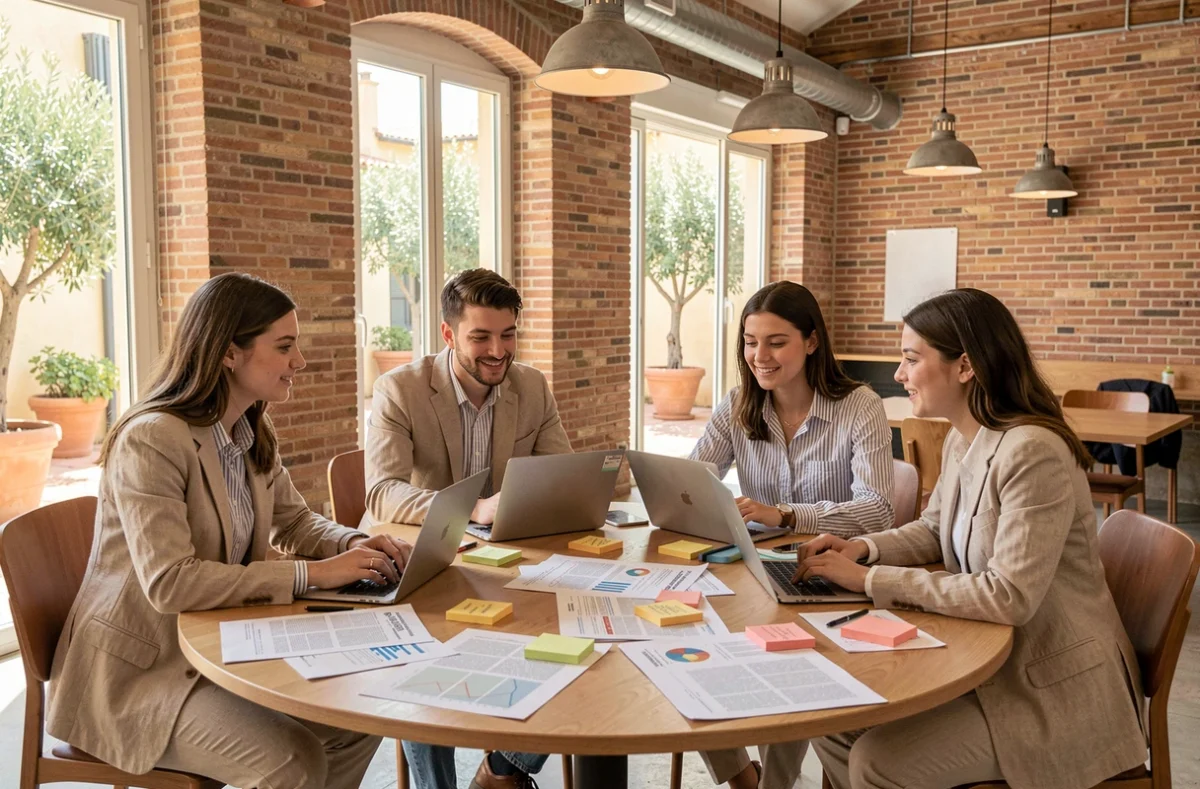 Étudiants en travail collaboratif dans un espace moderne de Montpellier Business School