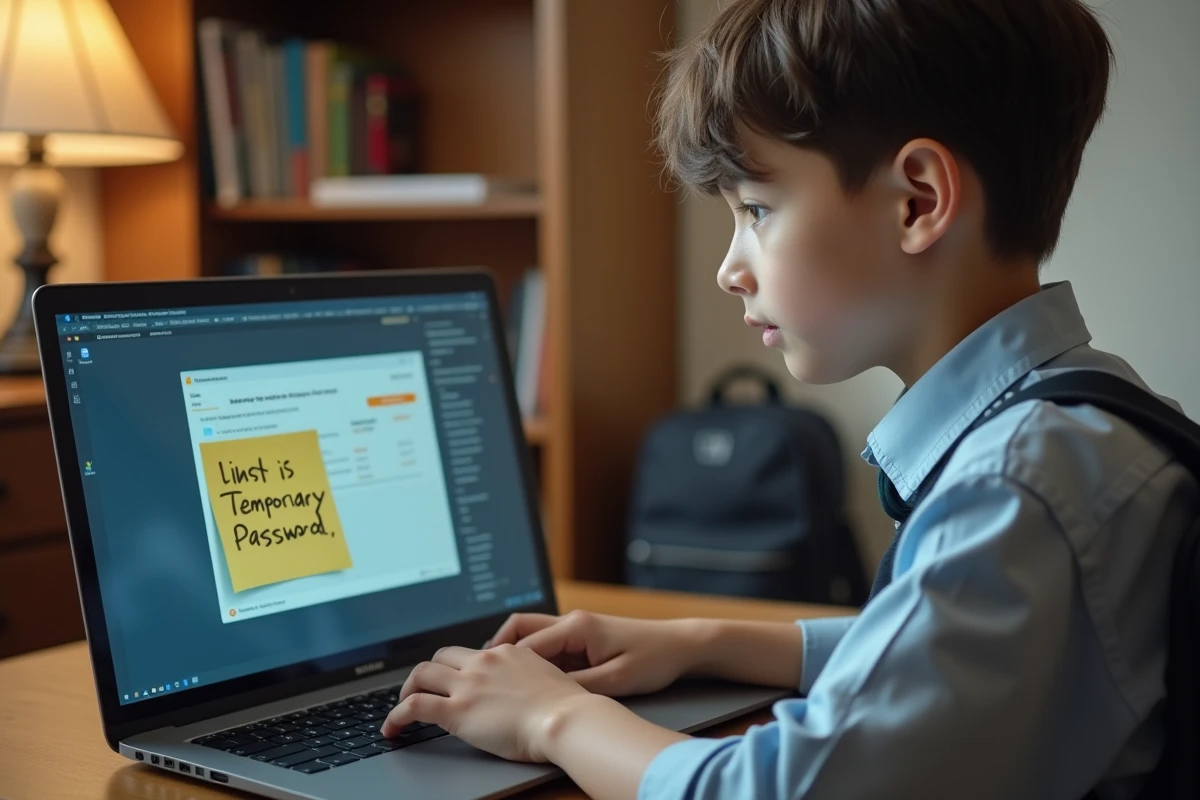 Un élève adolescent devant son ordinateur portable avec un post-it collé sur l'écran affichant un mot de passe provisoire toujours en usage, illustrant l'erreur de conserver les identifiants temporaires.