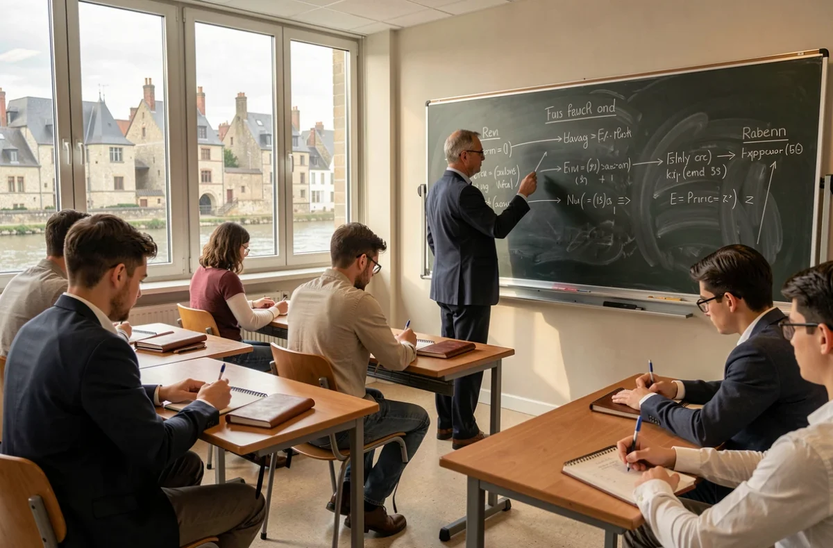 Professeur de NBS Business School à Metz écrivant au tableau noir devant des étudiants prenant des notes