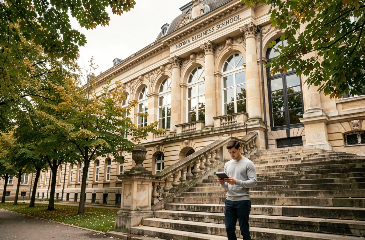 Façade néoclassique du campus de Reims de Neoma Business School avec un étudiant sur les marches
