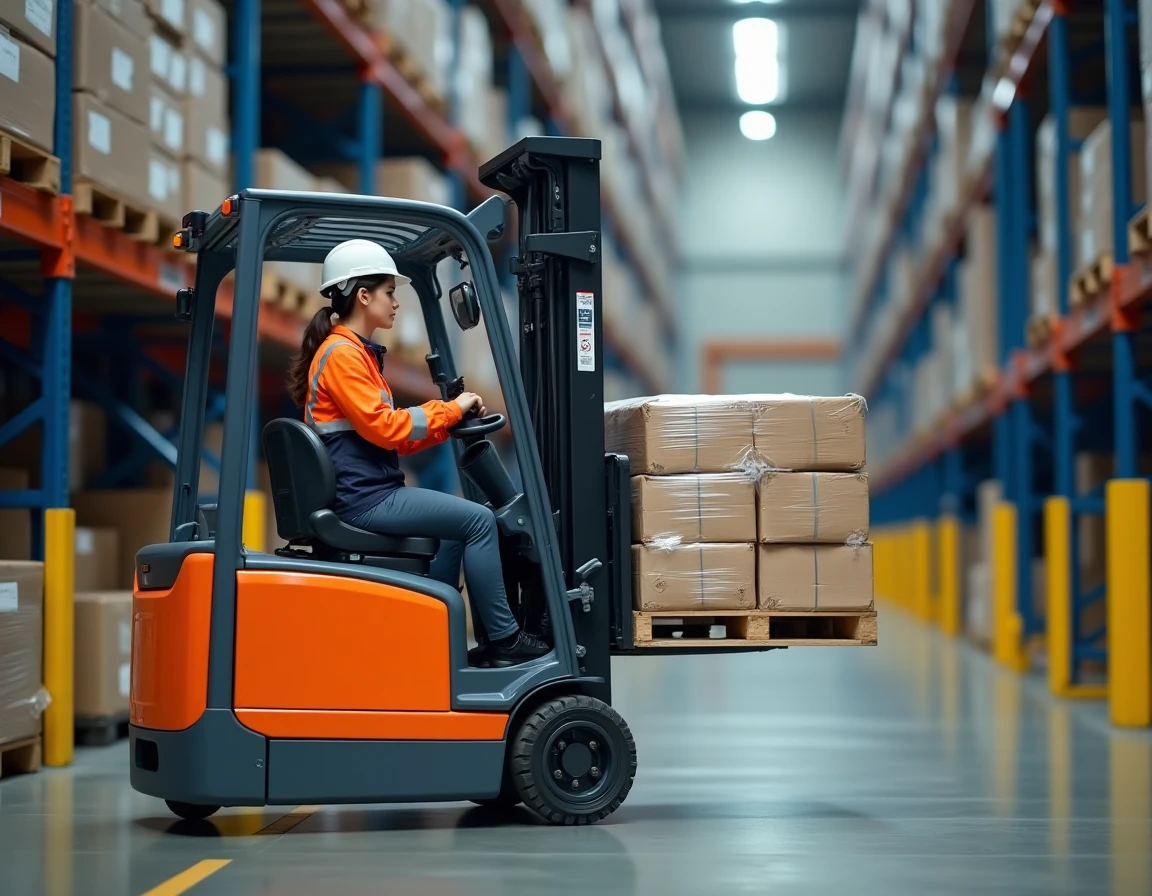 Opératrice de chariot élévateur CACES 3 manœuvrant un reach truck dans un entrepôt de stockage industriel à grande hauteur