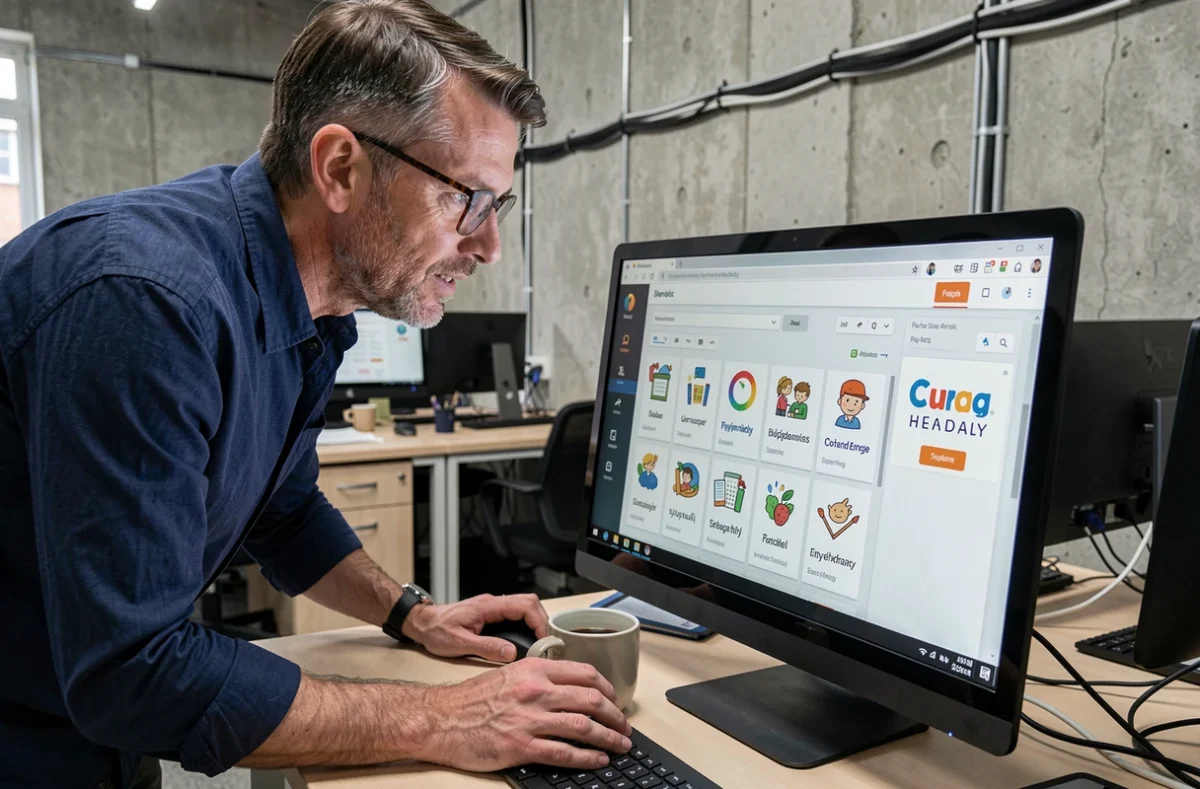 Homme utilisant un outil en ligne pour concevoir un logo d'école professionnelle sur son ordinateur dans un espace de coworking