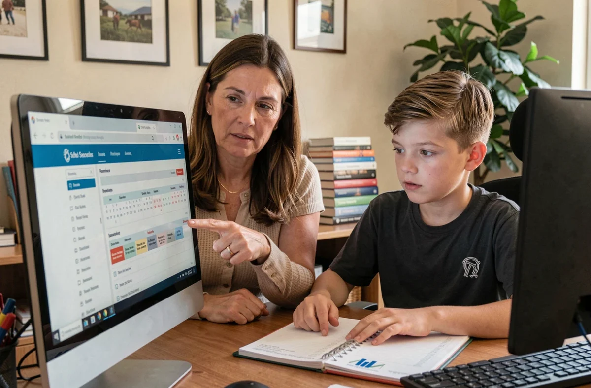 Mère aidant son fils à naviguer sur l'ENT Auvergne Rhône-Alpes pour organiser les devoirs à la maison sur un ordinateur de bureau