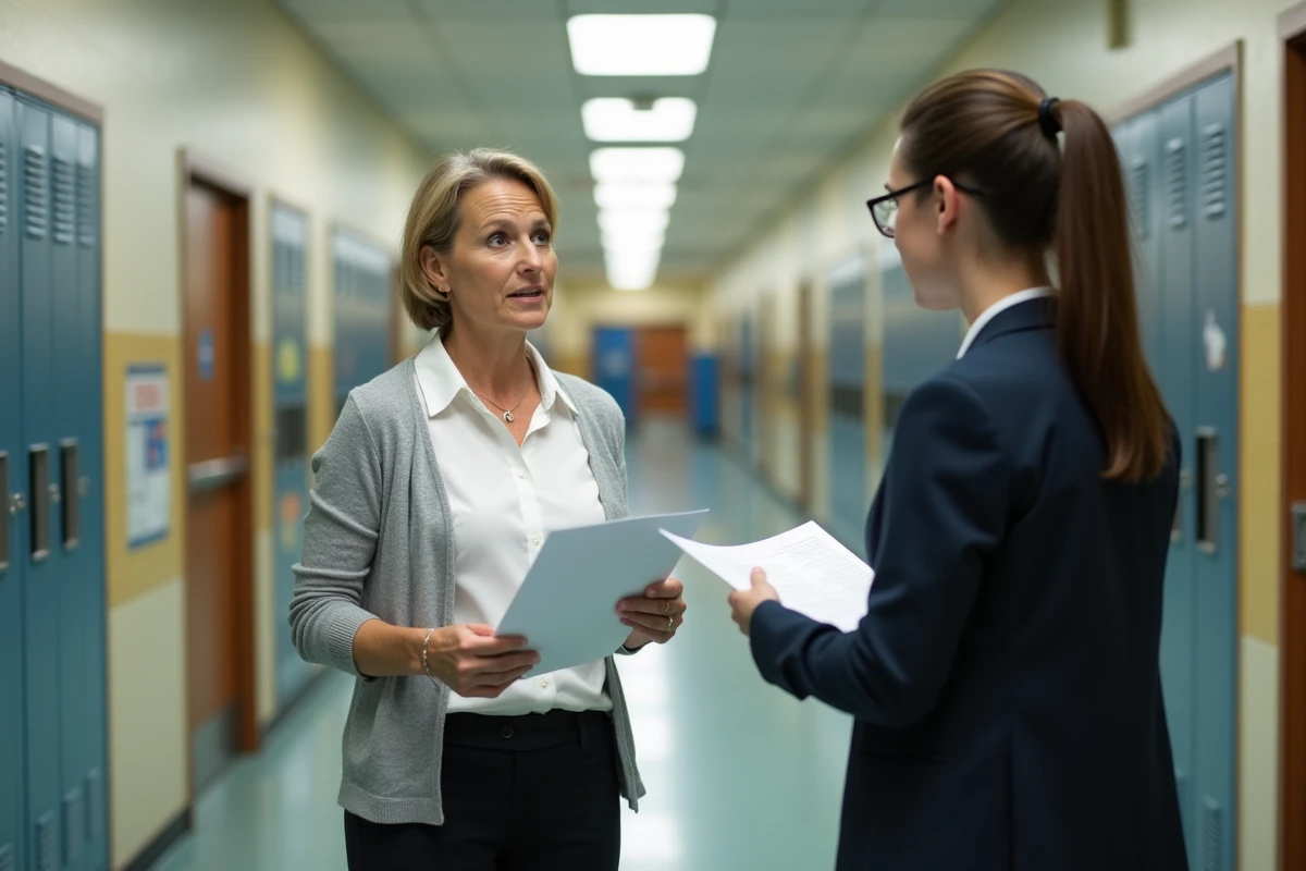 Mère discutant du dossier scolaire de son enfant avec un enseignant dans un couloir d'établissement scolaire