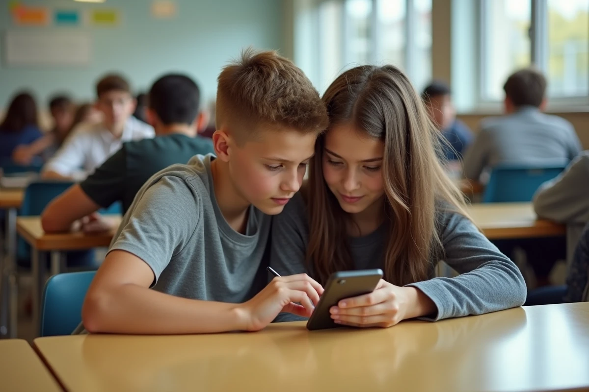 Deux élèves adolescents dans une cafétéria scolaire, l'un chuchotant son mot de passe Cybercollège à l'autre qui le saisit sur un smartphone, illustrant le risque du partage d'identifiants entre camarades.