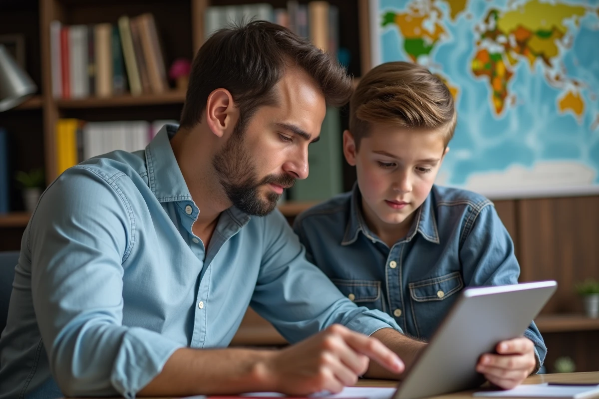 Père et adolescent consultant ensemble une application de suivi scolaire sur une tablette dans un bureau à domicile