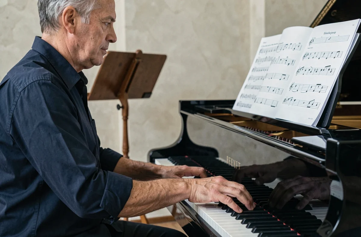Pianiste homme adulte travaillant la main gauche sur un piano à queue avec partition en clef de FA