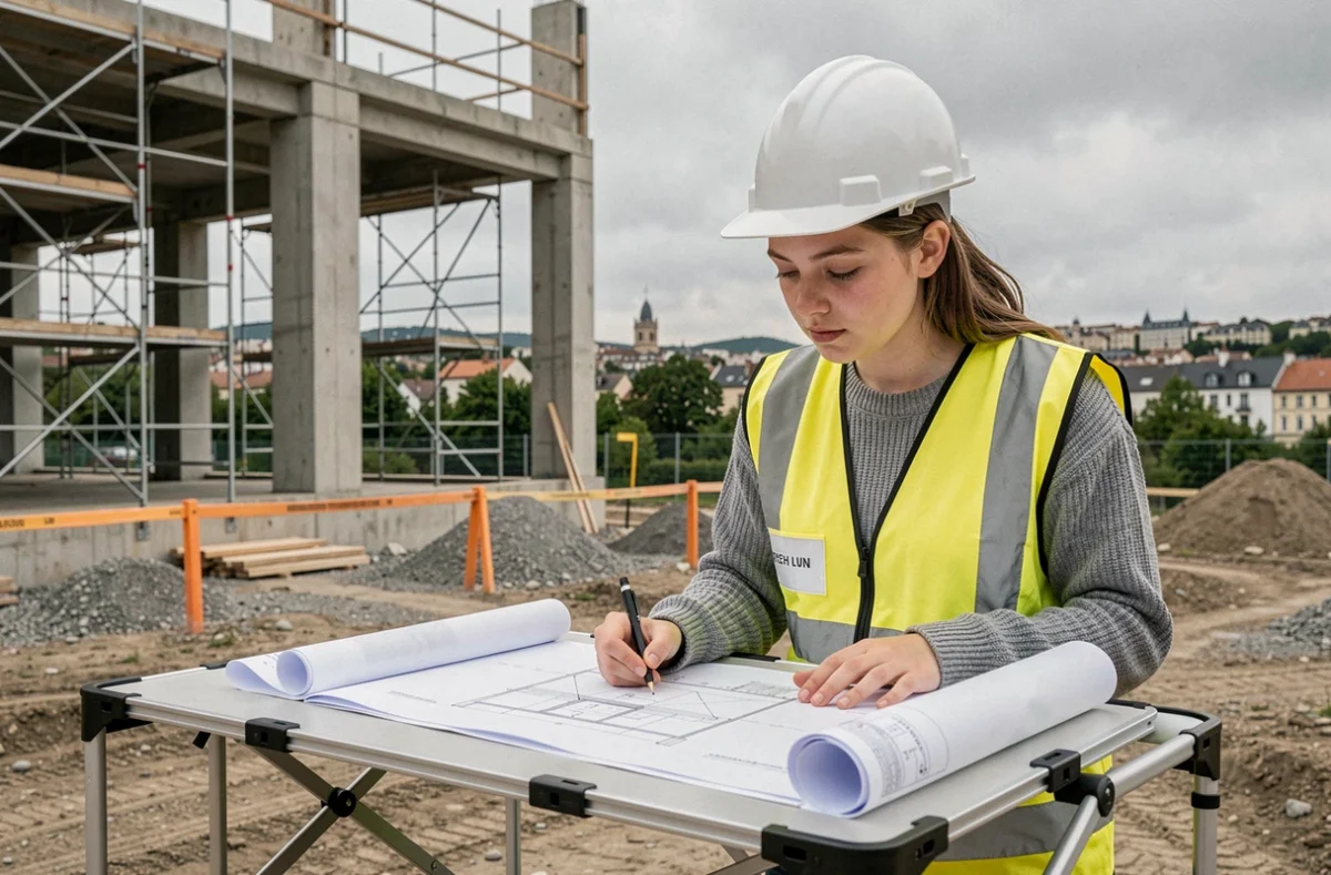 Étudiante de Polytech Lyon portant un casque de chantier et un gilet de sécurité, étudiant des plans de construction sur un chantier pédagogique
