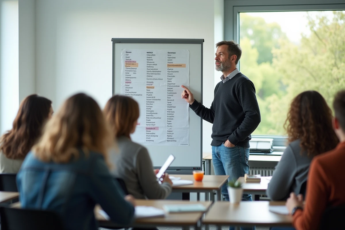 Professeur allemand expliquant une déclinaison en classe