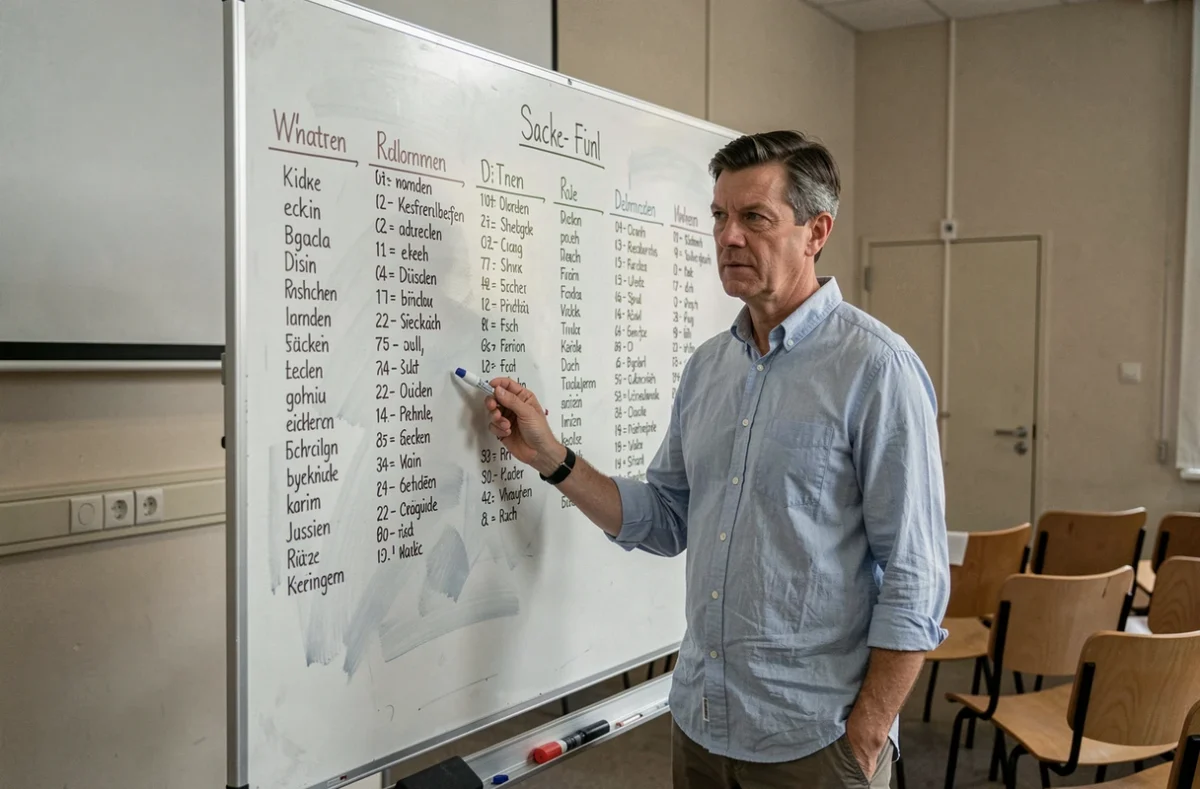 Professeur d'allemand expliquant les tableaux de déclinaison au tableau blanc dans une salle de séminaire