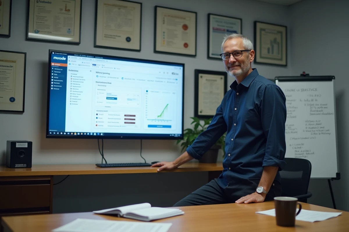 Professeur universitaire configurant des modules pédagogiques sur Moodle dans son bureau académique
