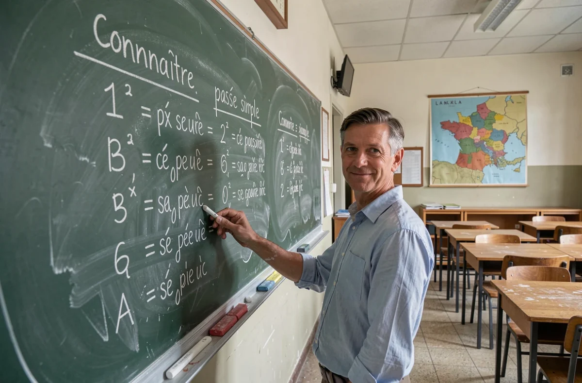 Professeur de français écrivant la conjugaison du verbe connaître au passé simple au tableau dans une salle de classe traditionnelle