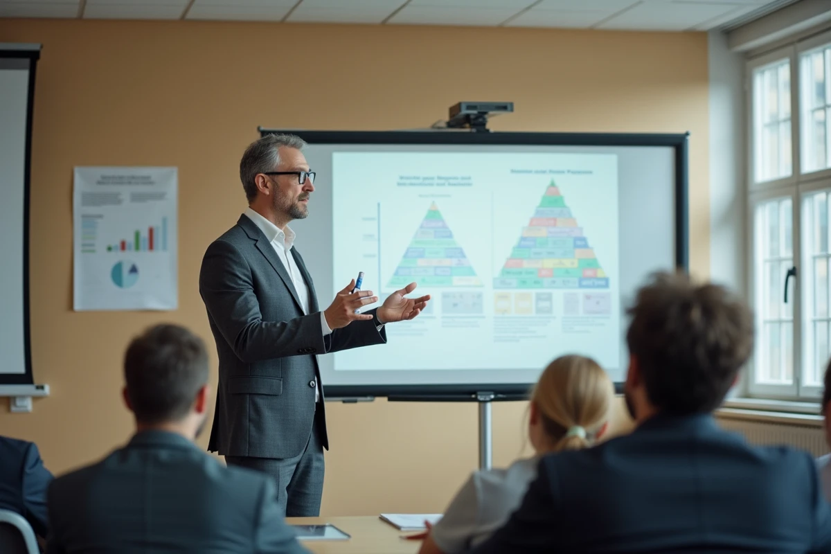 Professeur d'école de commerce expliquant le classement SIGEM 2026 devant un tableau blanc avec un schéma pyramidal des grandes écoles françaises