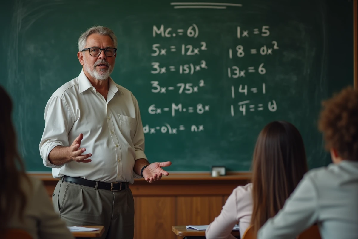 Professeur expliquant un calcul de moyenne en classe