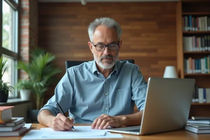 Professeur d'&acirc;ge moyen travaillant sur un ordinateur dans un bureau &eacute;ducatif
