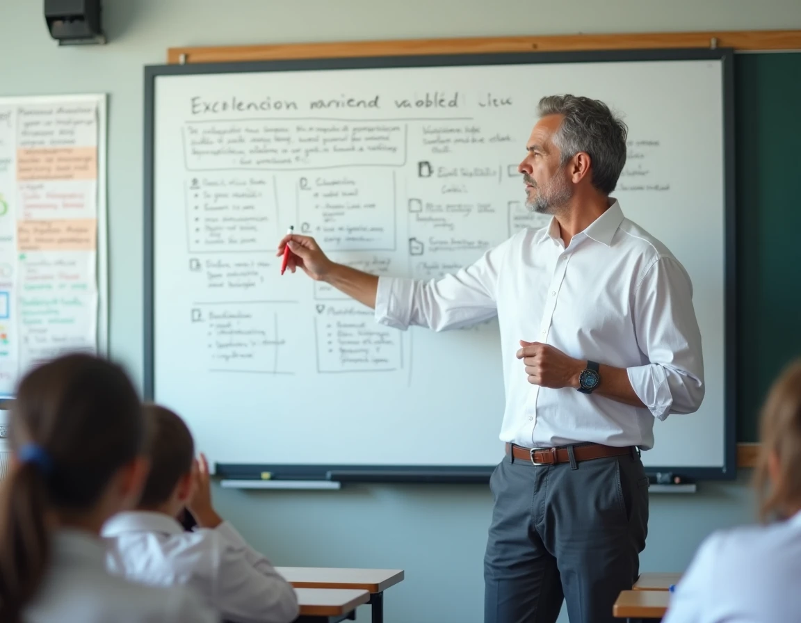 Professeur de management STMG expliquant le tableau de caractérisation d'une étude d'organisation au tableau blanc