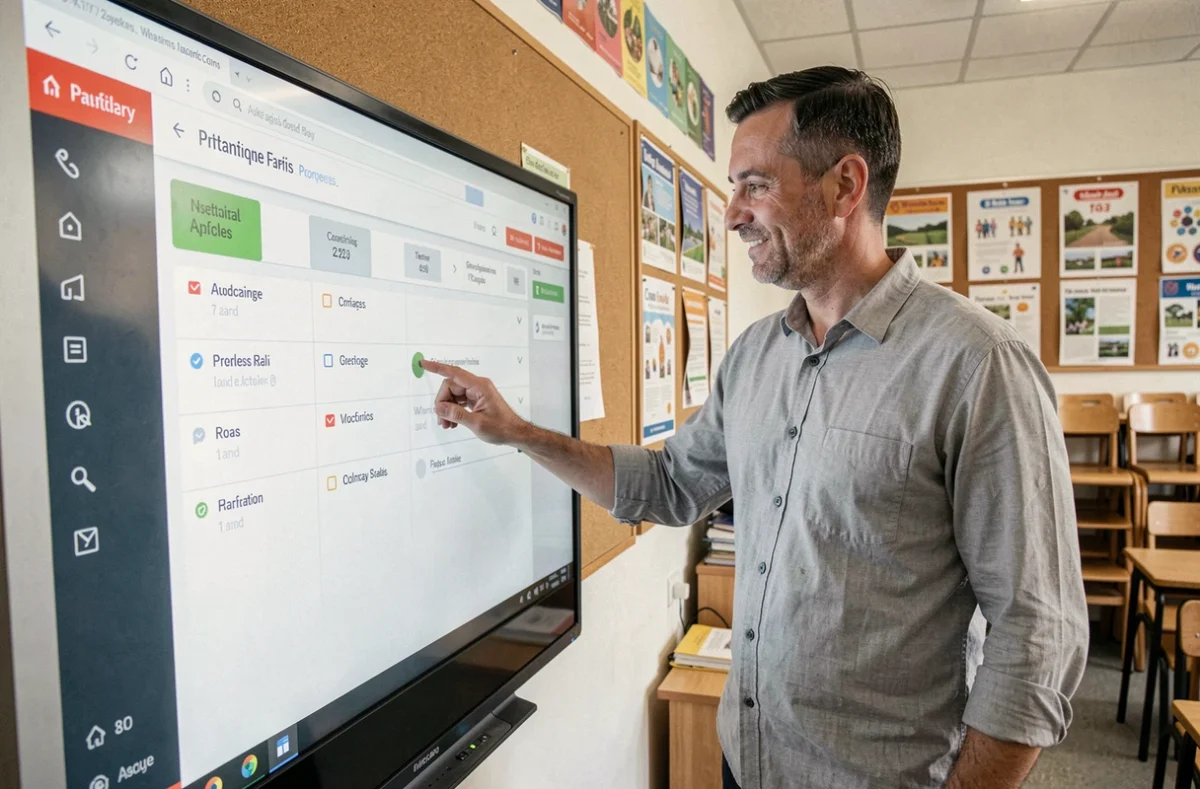 Professeur consultant un tableau de bord numérique de suivi élèves sur tableau interactif en classe