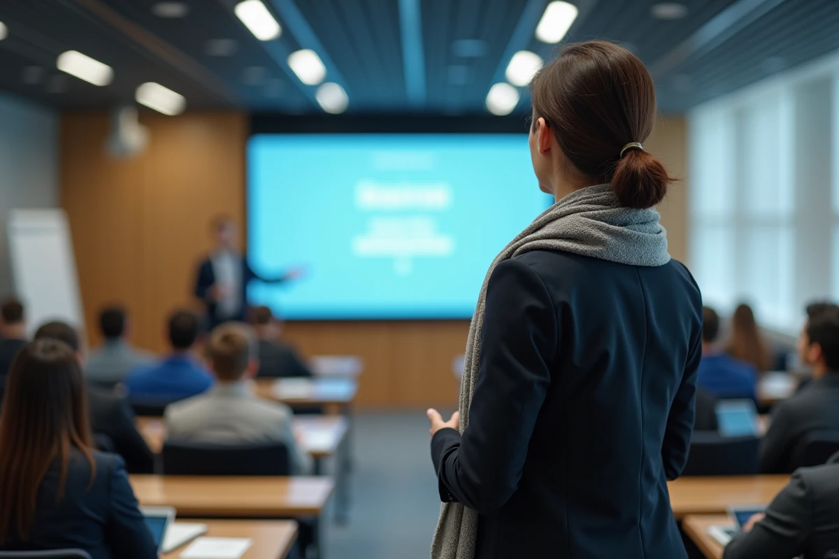 Professeure en pr&eacute;sentation devant &eacute;tudiants en salle