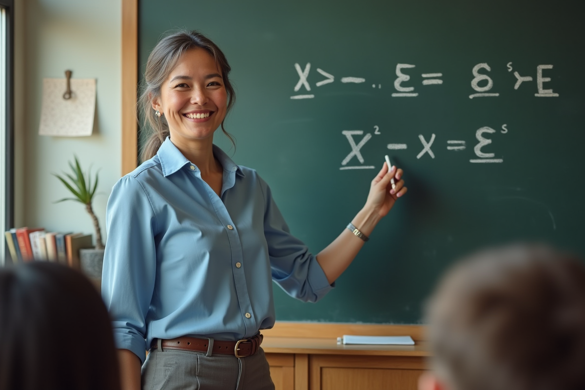 Professeure de mathématiques souriante devant le tableau