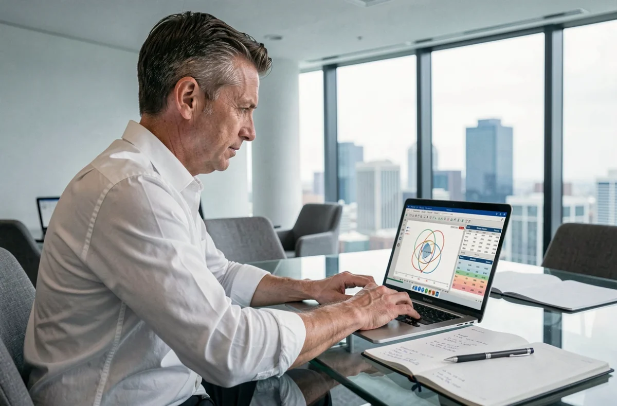 Homme d'affaires calculant la probabilité d'intersection P(A inter B) sur un ordinateur portable avec logiciel de statistiques en bureau moderne
