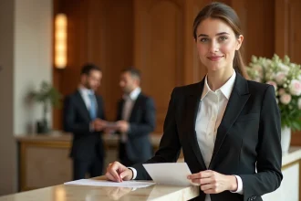 Jeune réceptionniste diplômée d'école hôtelière accueillant des clients dans un hôtel de luxe avec un décor en marbre et bois