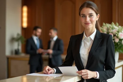 Jeune réceptionniste diplômée d'école hôtelière accueillant des clients dans un hôtel de luxe avec un décor en marbre et bois