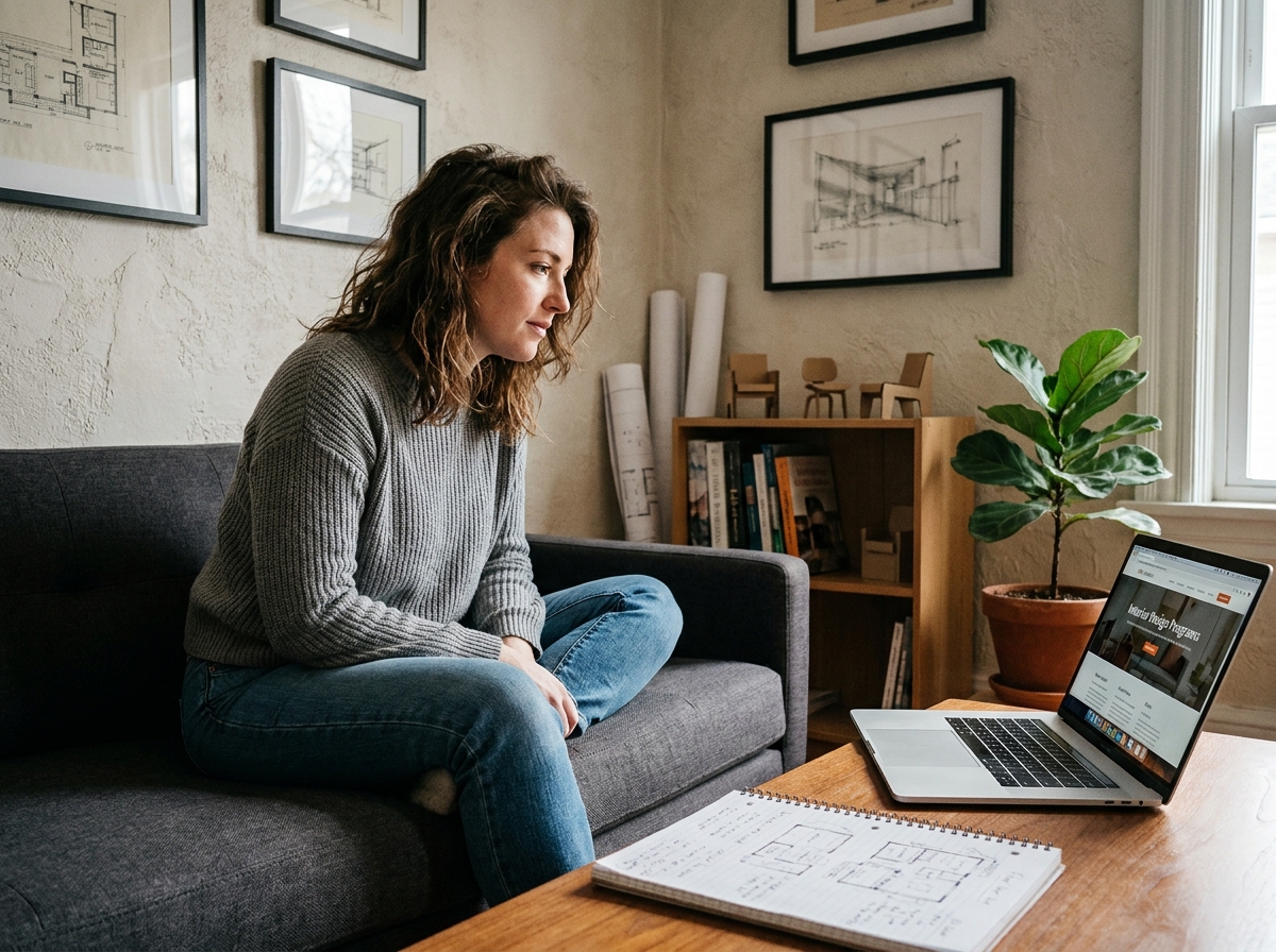 Femme recherchant des formations en architecture d'intérieur sur son ordinateur portable chez elle