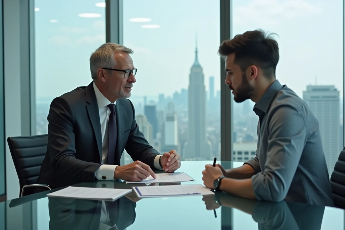 Recruteur digital en entretien d'embauche avec un diplômé en master informatique dans une salle de réunion d'entreprise