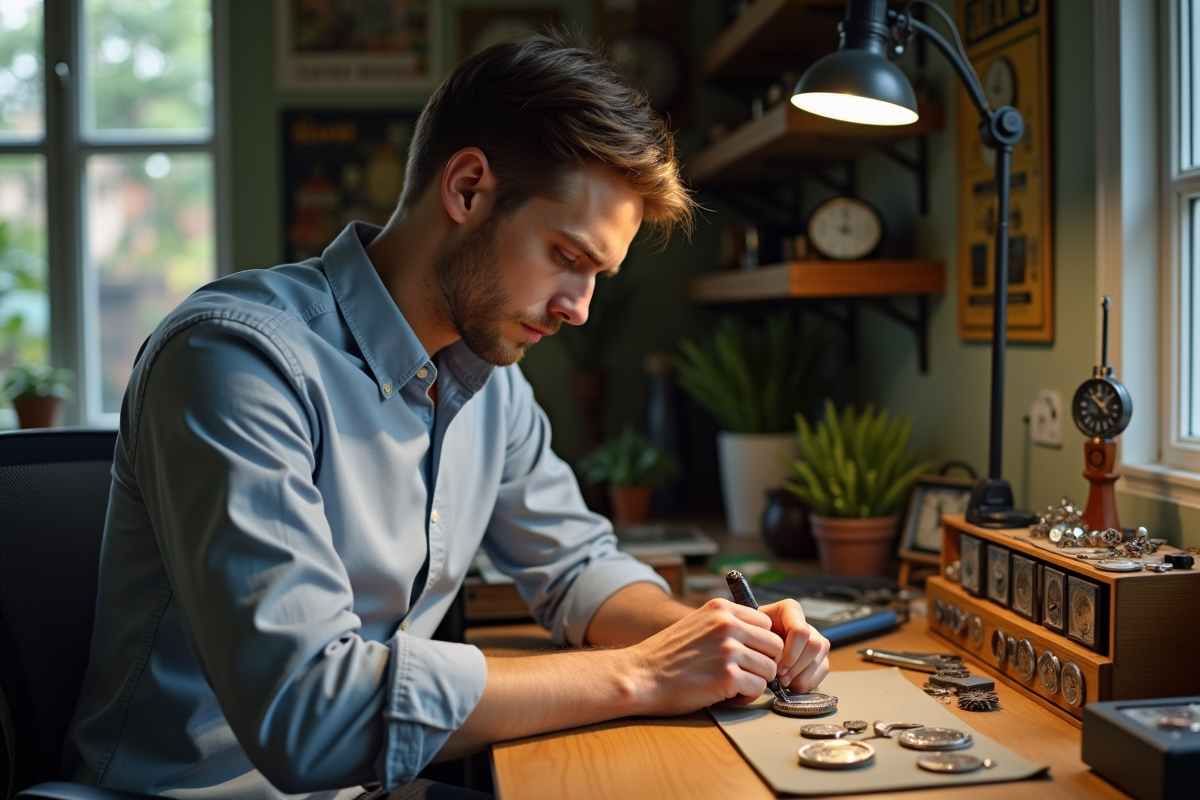 Jeune homme réparant une montre dans son atelier