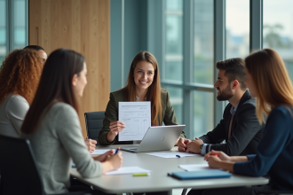 Groupe d'adultes en réunion d'évaluation au bureau