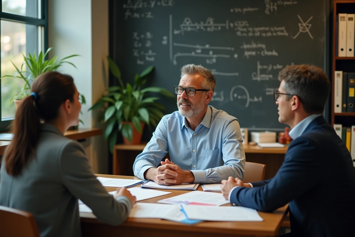 Professeur principal recevant des parents d'élève pour discuter du classement des classes préparatoires BCPST