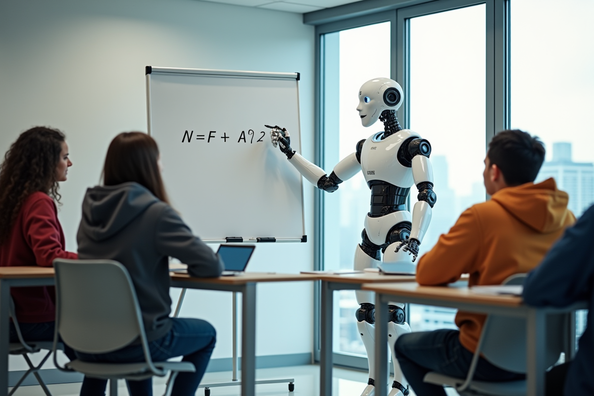 Robot éducatif avec élèves dans une classe contemporaine