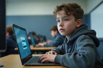Un élève adolescent assis dans une salle informatique scolaire face à un ordinateur portable affichant un portail de connexion, illustrant les enjeux de sécurité des comptes sur Cybercollège.