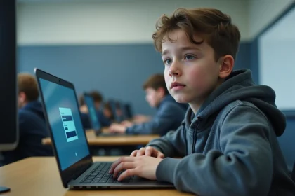 Un élève adolescent assis dans une salle informatique scolaire face à un ordinateur portable affichant un portail de connexion, illustrant les enjeux de sécurité des comptes sur Cybercollège.