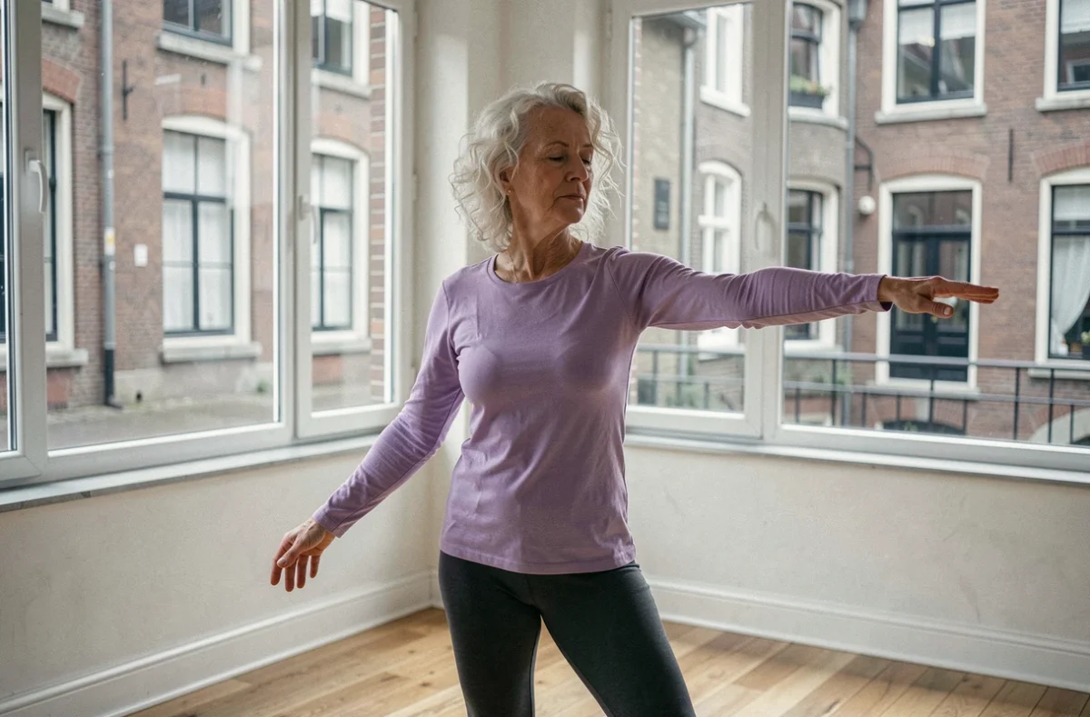 Femme senior pratiquant un échauffement de danse douce dans un studio lumineux à Lille, bien-être et forme pour les aînés