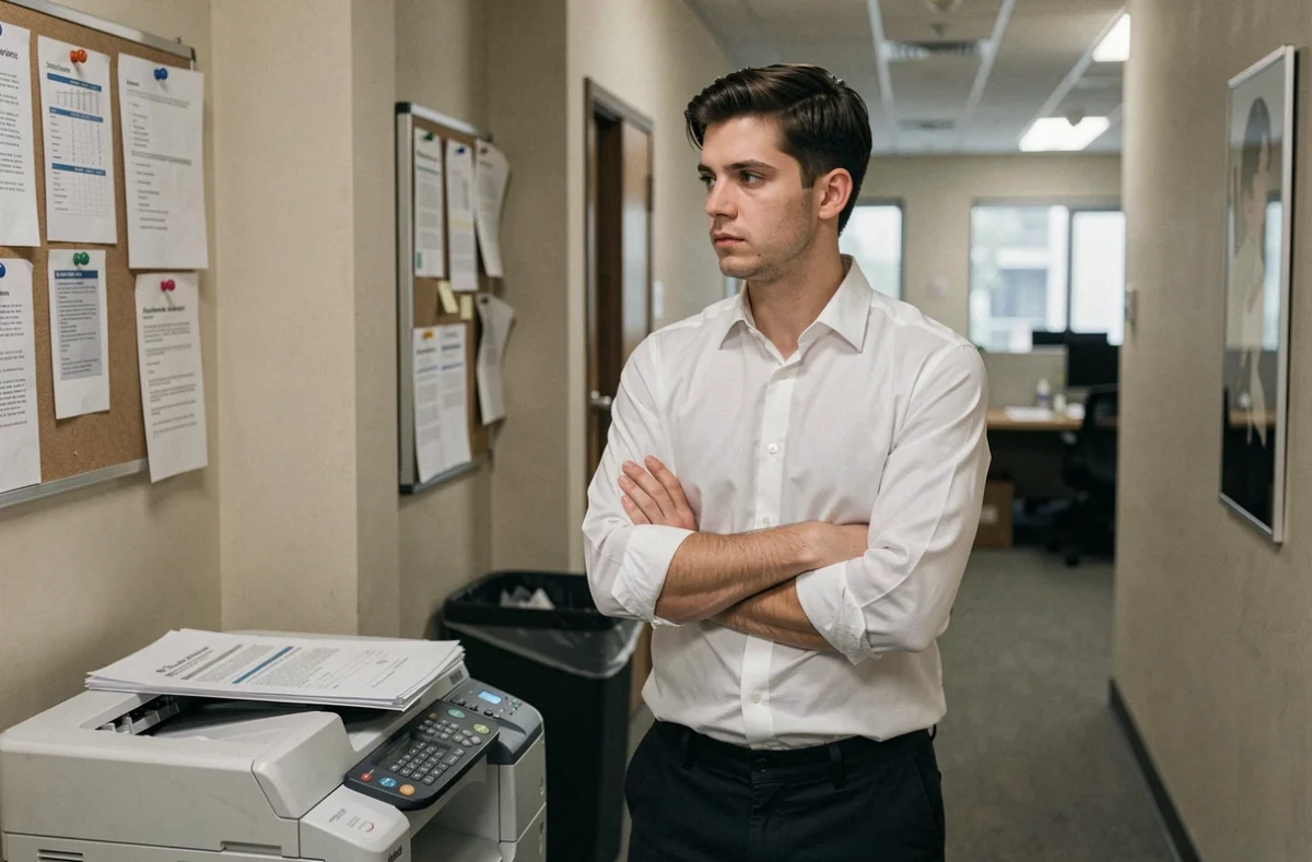 Stagiaire désengagé debout près d'une imprimante de bureau, regard distrait, rapports non traités illustrant le manque de motivation
