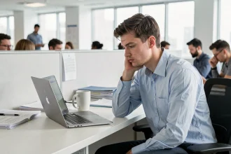 Stagiaire peu motivé assis à son bureau en open space, regard vague sur son ordinateur portable, posture avachie