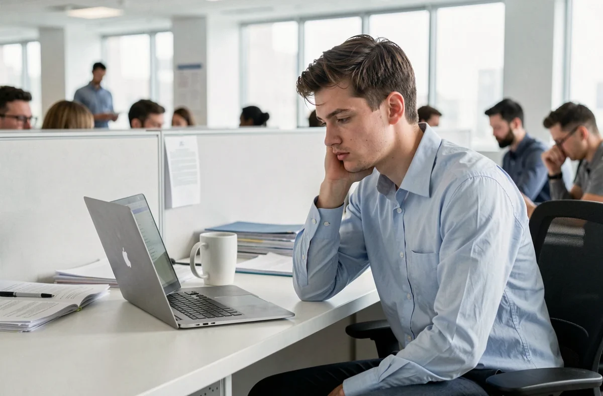 Stagiaire peu motivé assis à son bureau en open space, regard vague sur son ordinateur portable, posture avachie