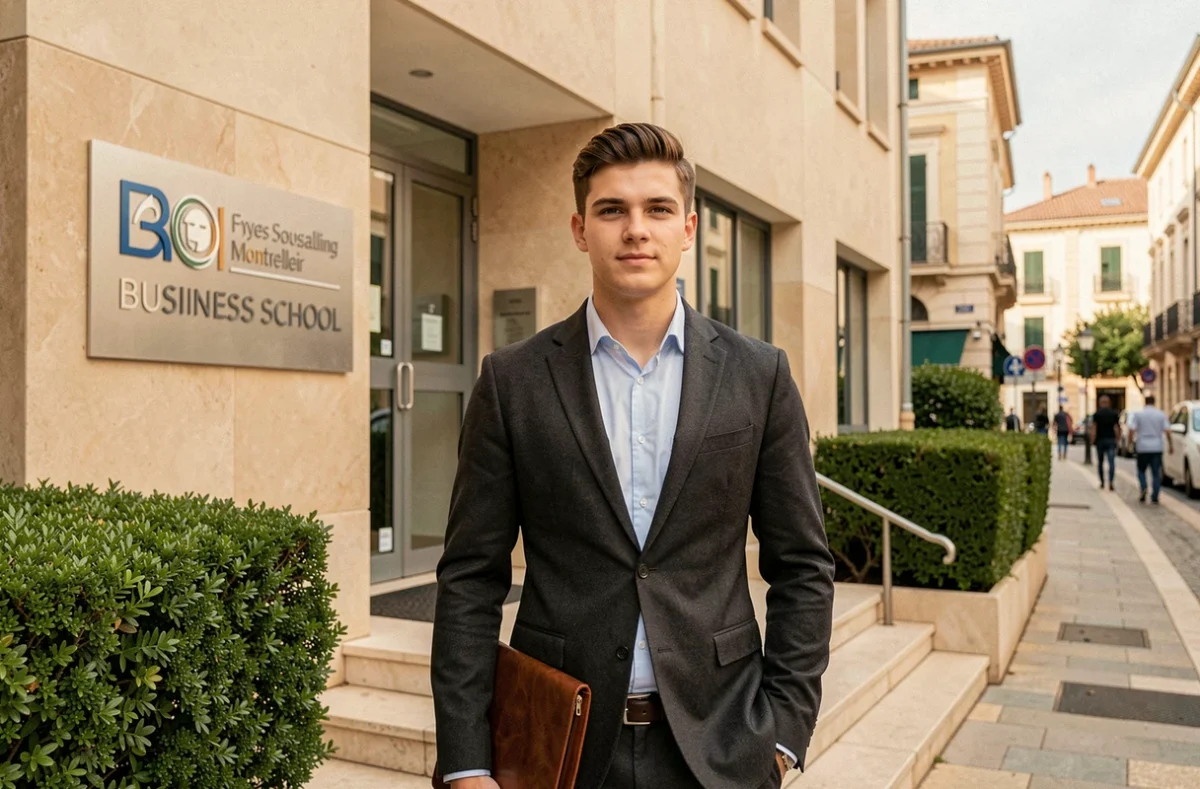 Étudiant posant devant l'entrée de Sup de Co Montpellier avec son portfolio professionnel