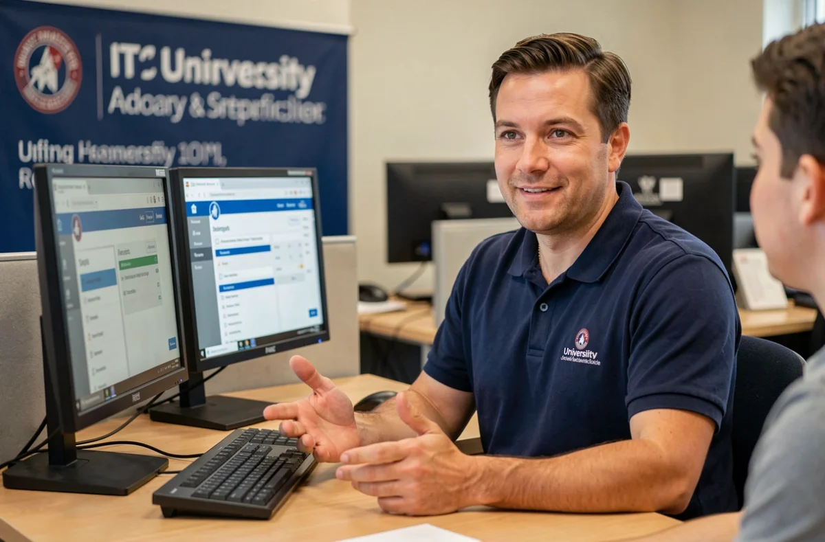 Agent du support informatique universitaire aidant un étudiant à réinitialiser son mot de passe ENT IUT Nîmes