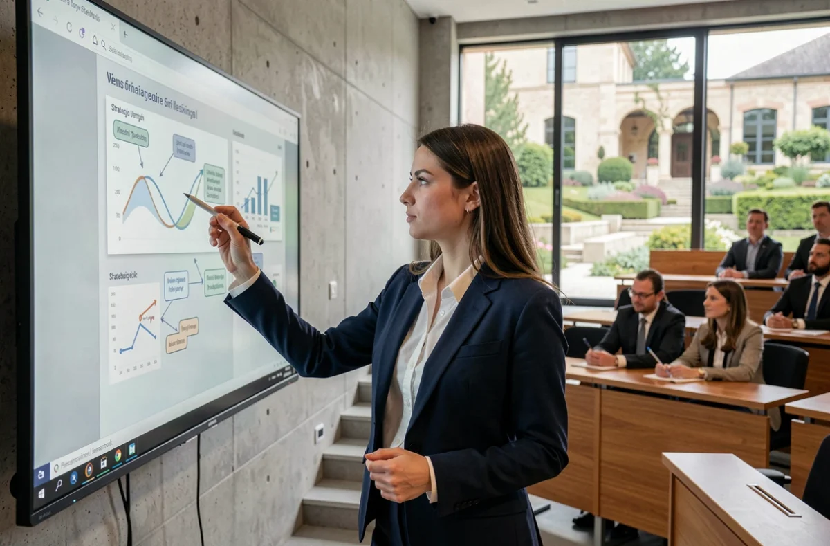 Étudiante présentant un plan stratégique dans un amphithéâtre moderne de TBS Education à Toulouse