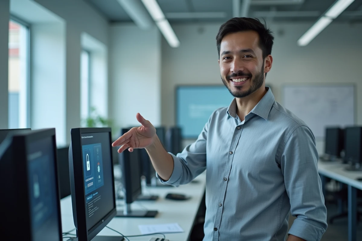 Technicien informatique universitaire présentant une procédure d'authentification à deux facteurs sur un écran de salle informatique