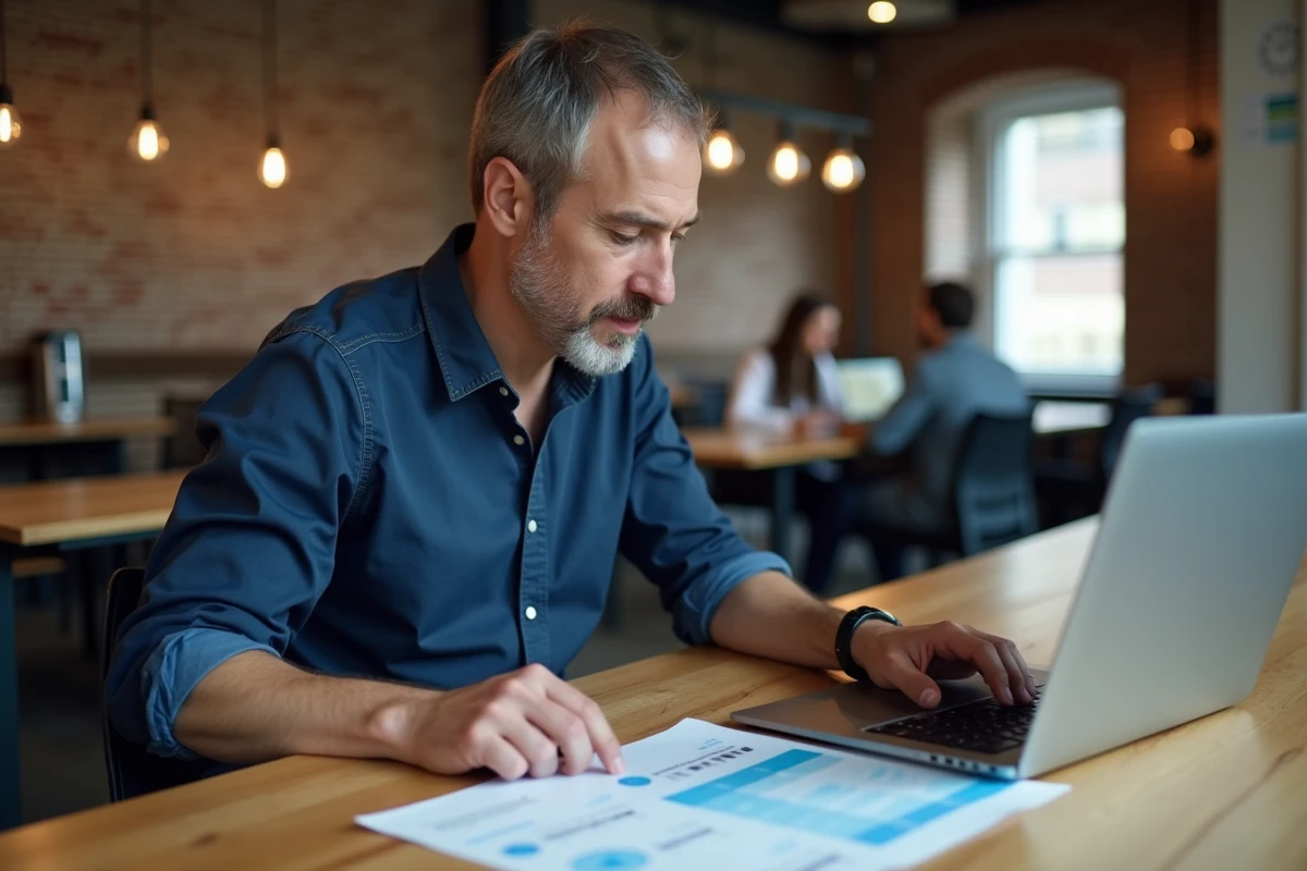 Chef de TPE comparant des tarifs d'abonnement emailing dans un espace de coworking moderne