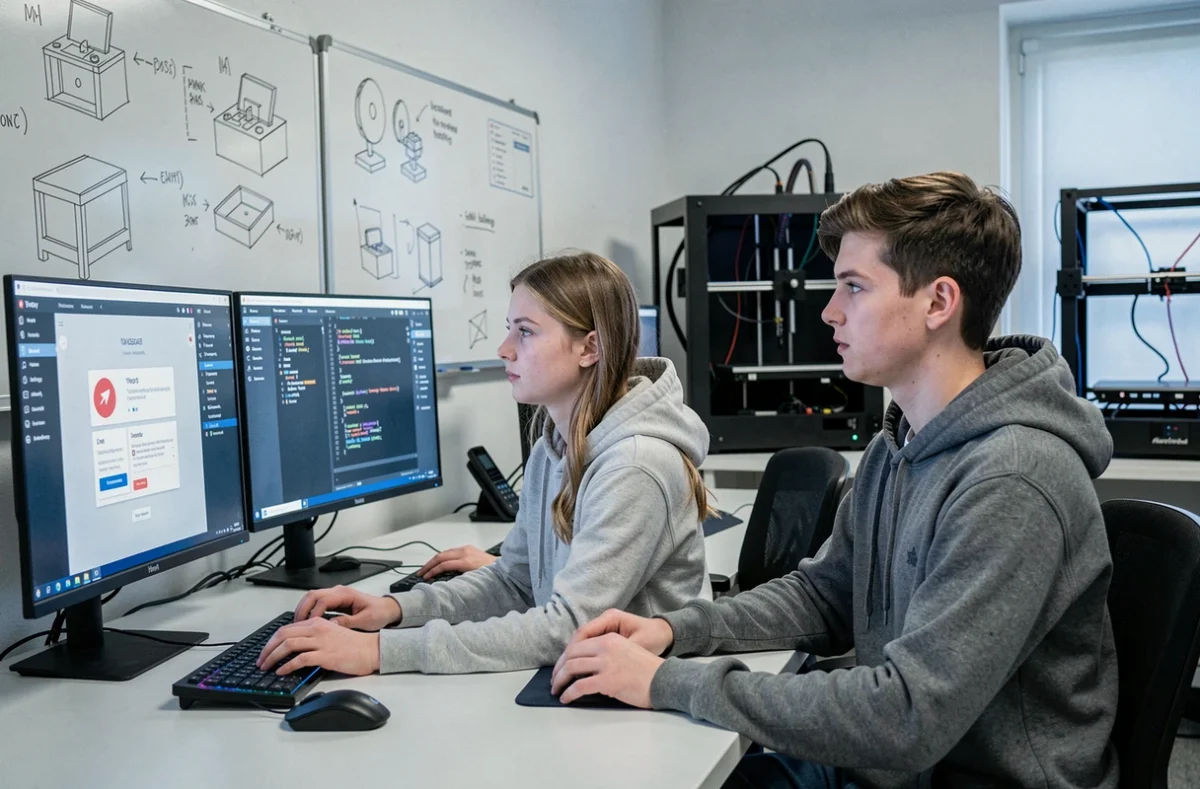 Étudiants de Ynov Strasbourg travaillant sur des postes informatiques dans un laboratoire d'innovation numérique